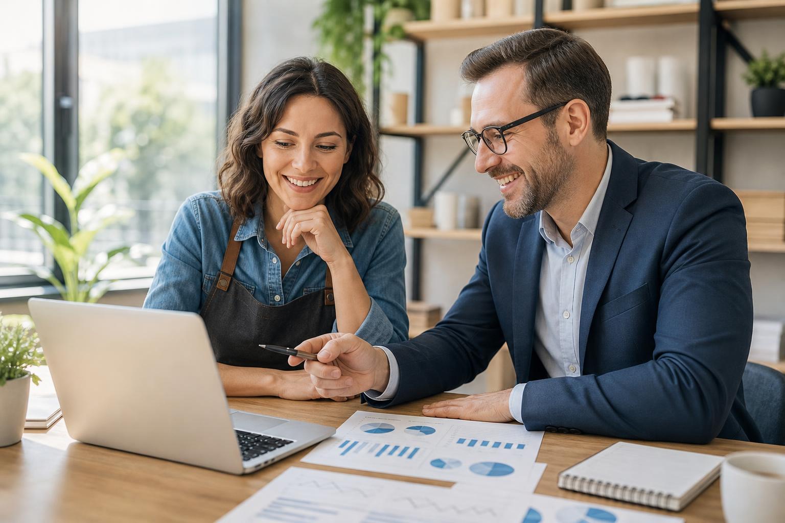 Business owner and advisor comparing business financing options on a laptop and charts