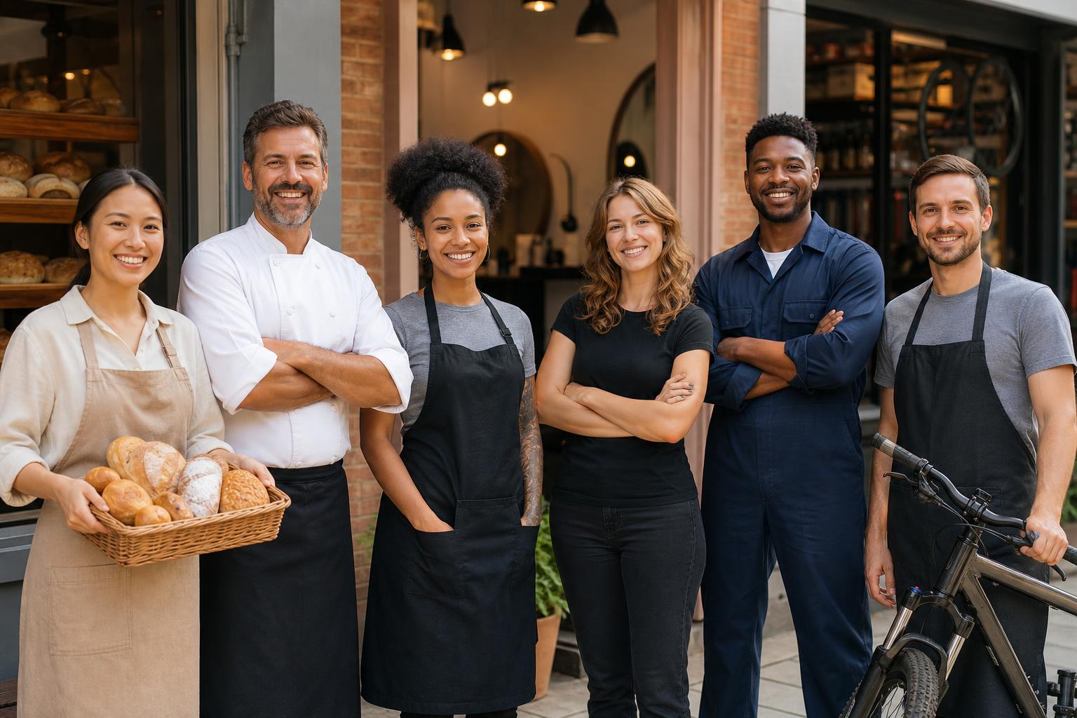 Illustration of small business owners in front of their bakery, salon and repair shop storefronts