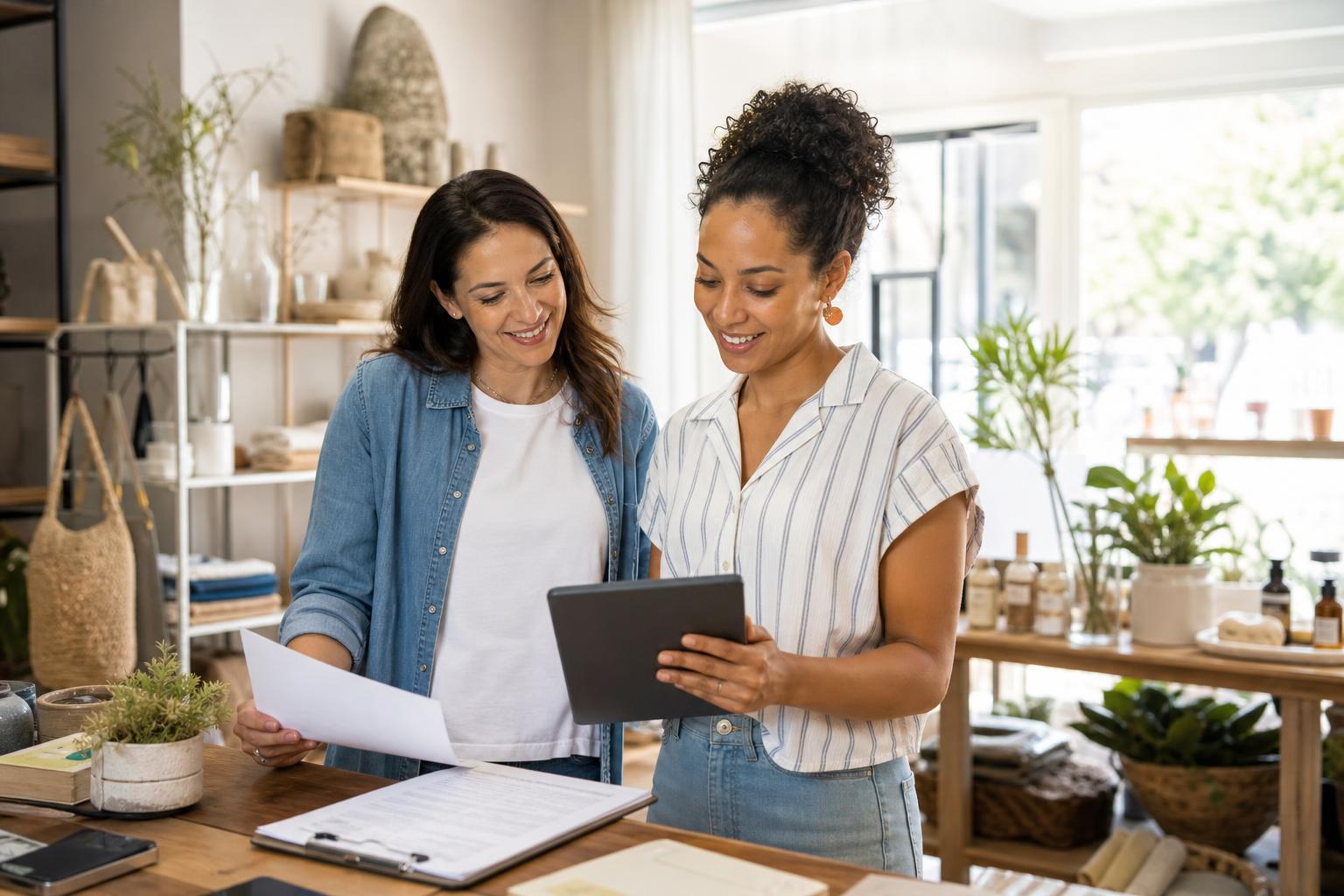 Two small business owners reviewing business funding options on a tablet in a bright shop