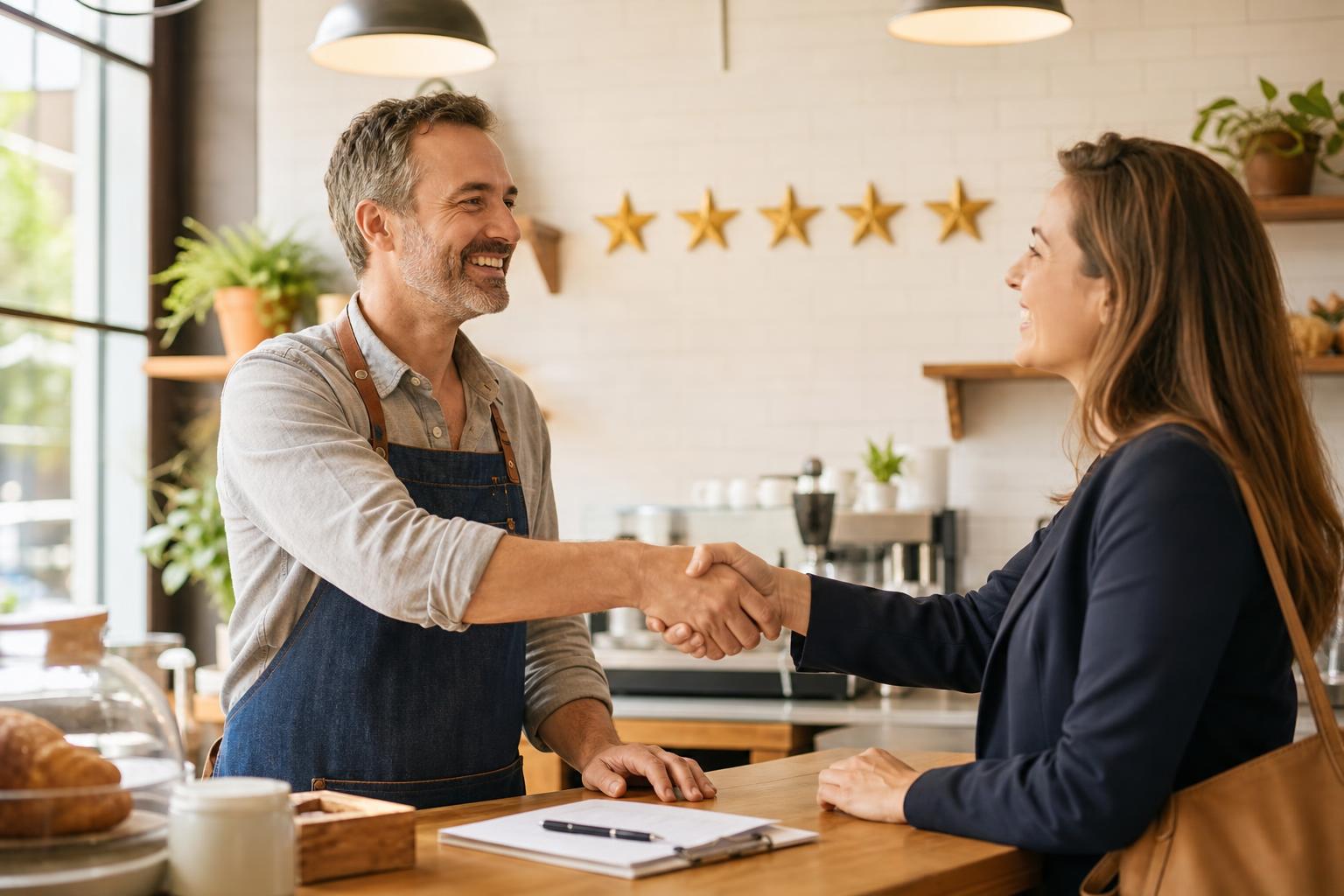 Business owner shaking hands with a Smart Business Funding advisor in a sunny cafe