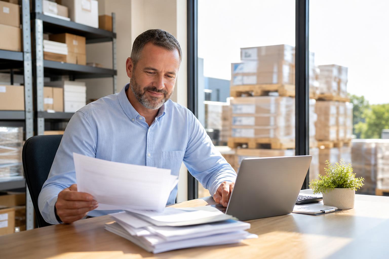 Distributor owner reviewing unpaid invoices at a desk in a warehouse office