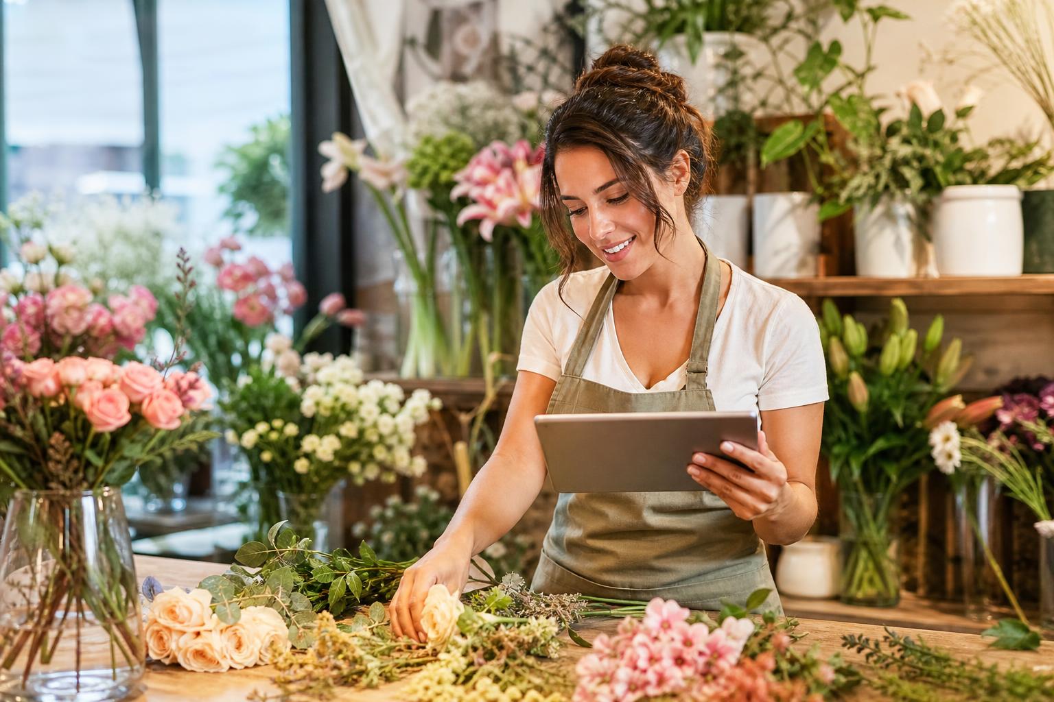 Florist shop owner checking a tablet while arranging flowers, running day to day operations
